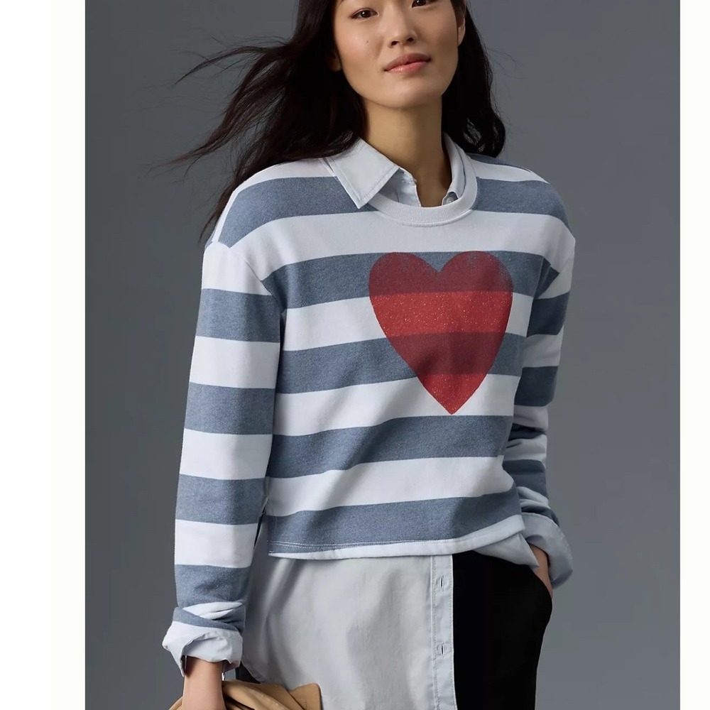 Sundry Womens Striped Heart Cropped Sweatshirt Grey White Red Size Medium USA